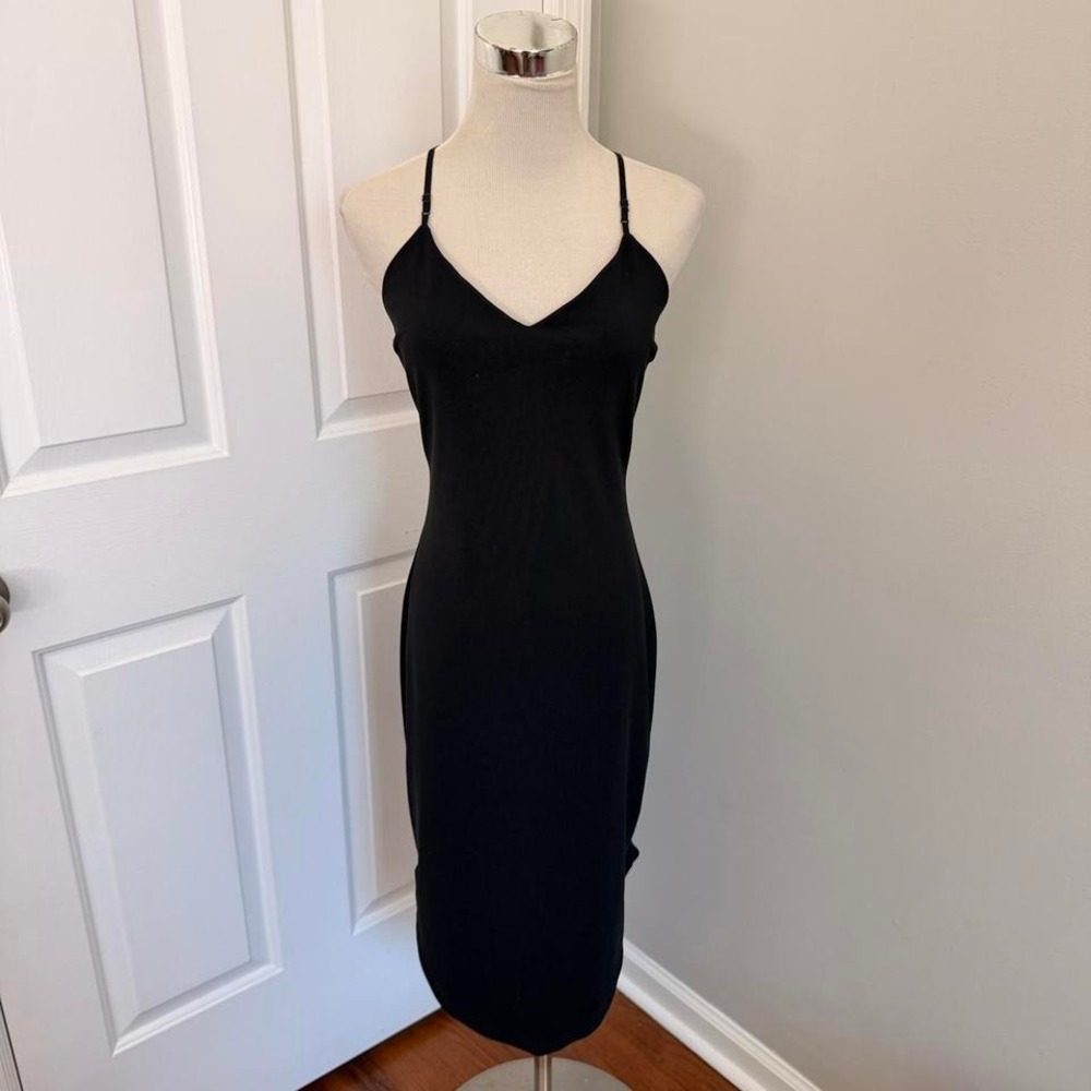 Y2K BLACK FORMULA X CROSS BACK ASYMMETRICAL MIDI DRESS